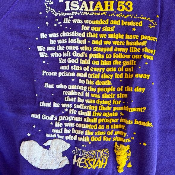 vtg 80s Jesus Messiah purple crewneck sweatshirt size L puff paint double sided - Picture 13 of 14